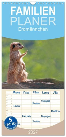 Familienplaner 2027 - Erdmännchen mit 5 Spalten (Wandkalender, 21 x 45 cm) CALVENDO