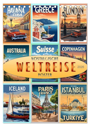 Weltreise - nostalgische Poster (Tischkalender 2026 DIN A5 hoch), CALVENDO Monatskalender