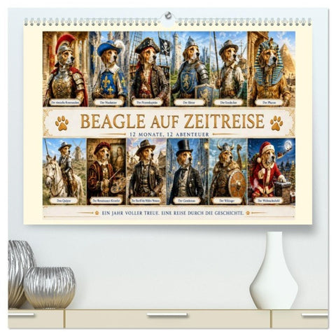 Beagle auf Zeitreise (hochwertiger Premium Wandkalender 2027 DIN A2 quer), Kunstdruck in Hochglanz