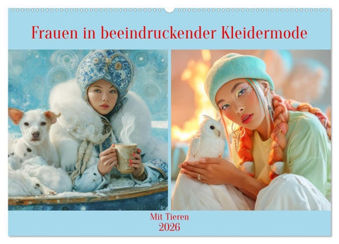 Frauen in beeindruckender Kleidermode - Mit Tieren (Wandkalender 2026 DIN A2 quer), CALVENDO Monatskalender