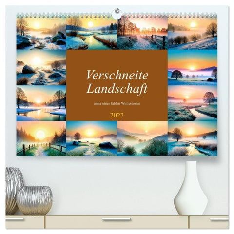 Verschneite Landschaft unter einer fahlen Wintersonne (hochwertiger Premium Wandkalender 2027 DIN A2 quer), Kunstdruck in Hochglanz