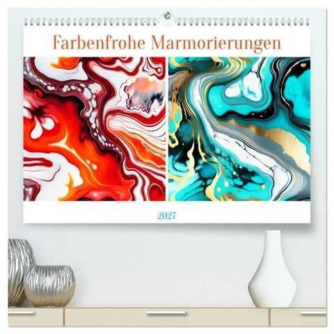 Farbenfrohe Marmorierungen (hochwertiger Premium Wandkalender 2027 DIN A2 quer), Kunstdruck in Hochglanz