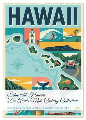 Sehnsucht Hawaii – Die Aloha Mid-Century Collection (Wandkalender 2027 DIN A2 hoch), CALVENDO Monatskalender