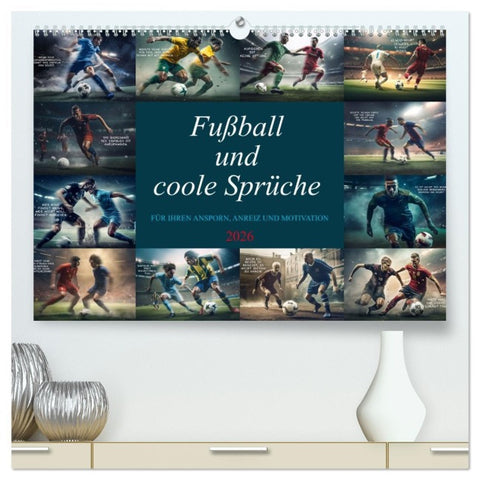 Fußball und coole Sprüche (hochwertiger Premium Wandkalender 2026 DIN A2 quer), Kunstdruck in Hochglanz