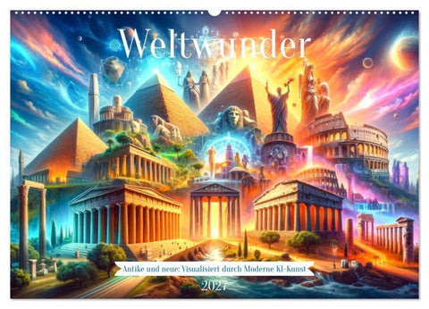 Weltwunder: Antike und neue: Visualisiert durch Moderne KI-Kunst (Wandkalender 2027 DIN A2 quer), CALVENDO Monatskalender