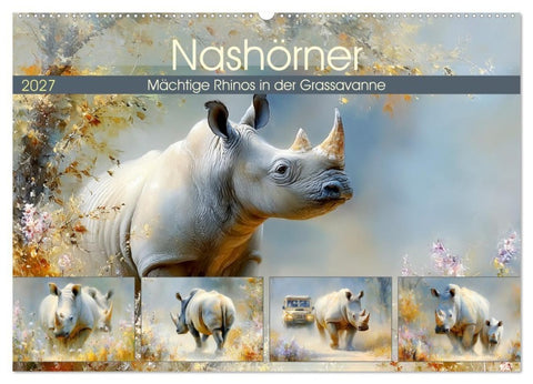 Nashörner. Mächtige Rhinos in der Grassavanne (Wandkalender 2027 DIN A2 quer), CALVENDO Monatskalender