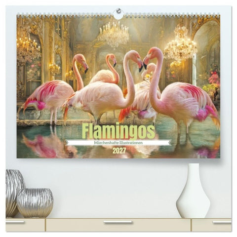 Flamingos - Märchenhafte Illustrationen (hochwertiger Premium Wandkalender 2027 DIN A2 quer), Kunstdruck in Hochglanz