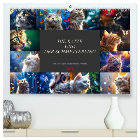 Die Katze und der Schmetterling (hochwertiger Premium Wandkalender 2026 DIN A2 quer), Kunstdruck in Hochglanz
