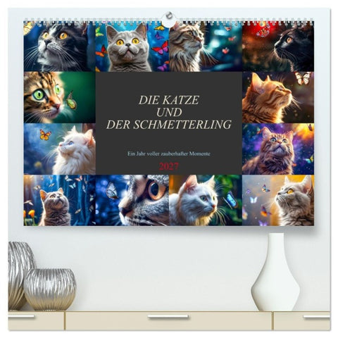 Die Katze und der Schmetterling (hochwertiger Premium Wandkalender 2027 DIN A2 quer), Kunstdruck in Hochglanz