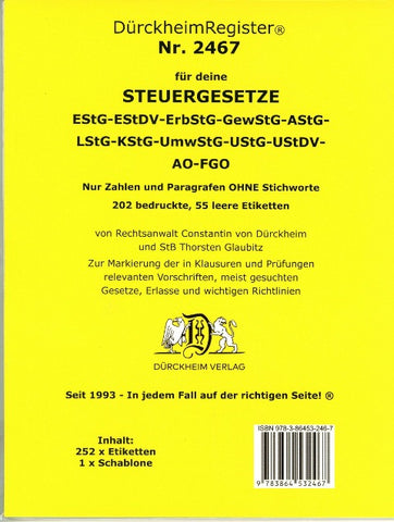 DürckheimRegister® STEUERGESETZE: Zahlen und §§, OHNE Stichworte