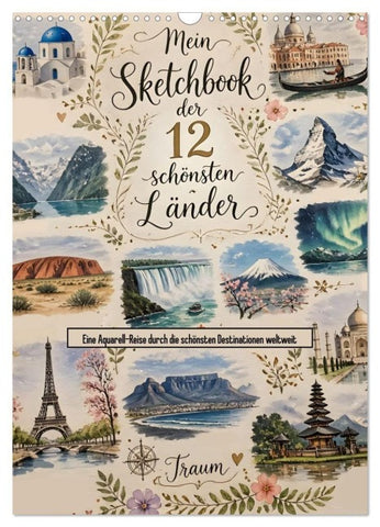 Mein Sketchbook der 12 schönsten Länder (Wandkalender 2027 DIN A3 hoch), CALVENDO Monatskalender