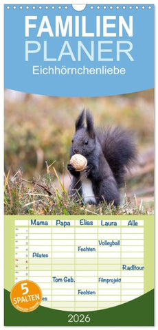 Familienplaner 2026 - Eichhörnchenliebe mit 5 Spalten (Wandkalender, 21 x 45 cm) CALVENDO