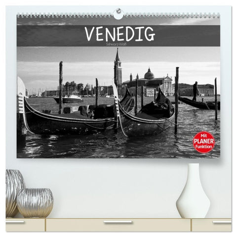 Venedig schwarz-weiß (hochwertiger Premium Wandkalender 2026 DIN A2 quer), Kunstdruck in Hochglanz