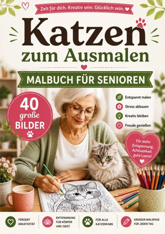 Katzen zum Ausmalen - Malbuch für Senioren