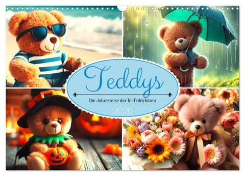 Teddys - Die Jahresreise der KI-Teddybären (Wandkalender 2026 DIN A3 quer), CALVENDO Monatskalender