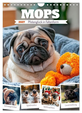 MOPS Pfotenglück in Faltenform (Wandkalender 2027 DIN A4 hoch), CALVENDO Monatskalender