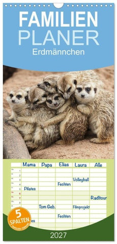 Familienplaner 2027 - Erdmännchen mit 5 Spalten (Wandkalender, 21 x 45 cm) CALVENDO