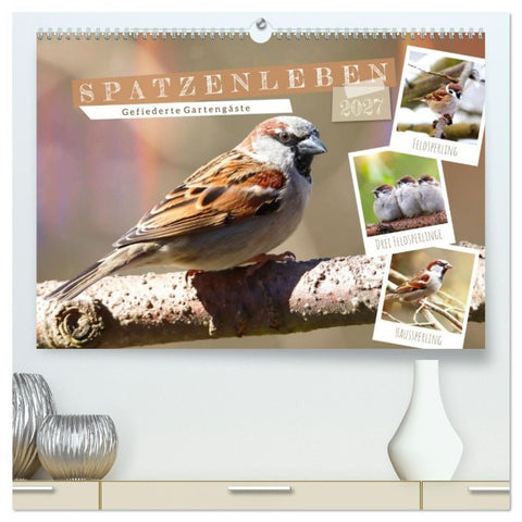 Gefiederte Gartengäste, Spatzenleben (hochwertiger Premium Wandkalender 2027 DIN A2 quer), Kunstdruck in Hochglanz