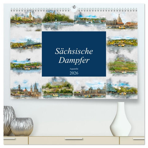 Sächsische Dampfer Aquarelle (hochwertiger Premium Wandkalender 2026 DIN A2 quer), Kunstdruck in Hochglanz