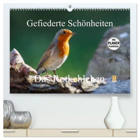 Gefiederte Schönheiten - Das Rotkehlchen / Planer (hochwertiger Premium Wandkalender 2026 DIN A2 quer), Kunstdruck in Hochglanz