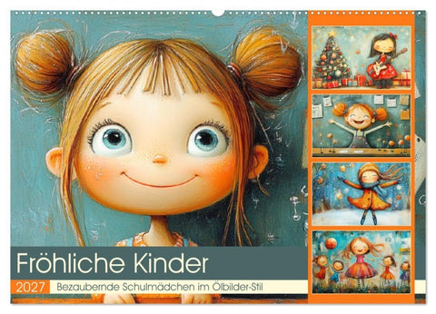 Fröhliche Kinder. Bezaubernde Schulmädchen im Ölbilder-Stil (Wandkalender 2027 DIN A2 quer), CALVENDO Monatskalender