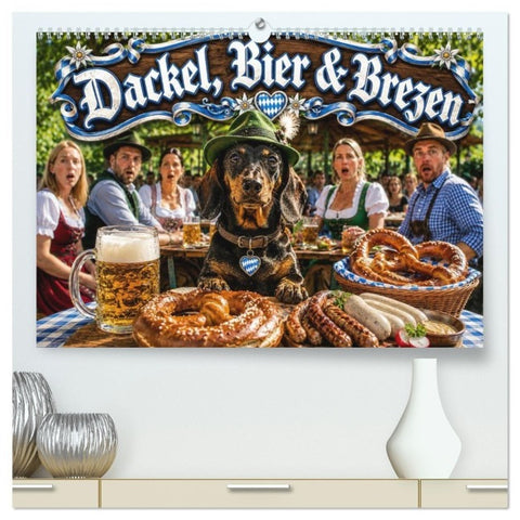 Dackel, Bier und Brezen (hochwertiger Premium Wandkalender 2027 DIN A2 quer), Kunstdruck in Hochglanz