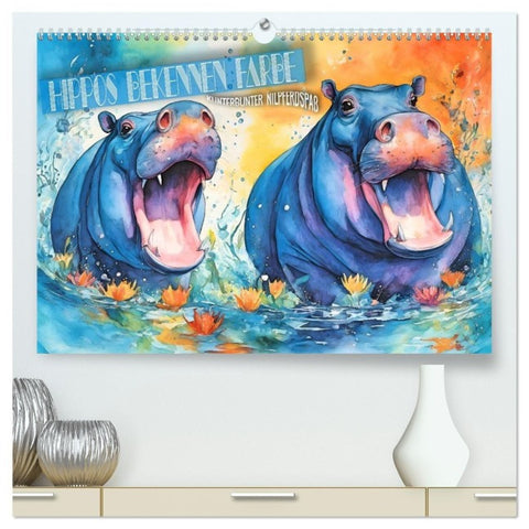 Hippos bekennen Farbe - kunterbunter Nilpferdspaß (hochwertiger Premium Wandkalender 2027 DIN A2 quer), Kunstdruck in Hochglanz