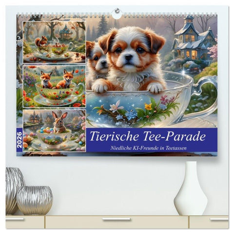 Tierische Tee-Parade (hochwertiger Premium Wandkalender 2026 DIN A2 quer), Kunstdruck in Hochglanz