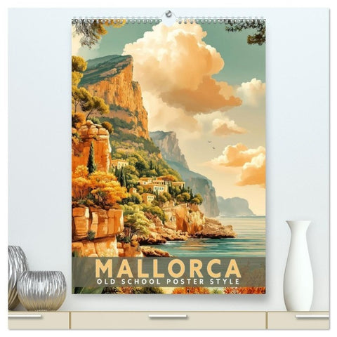Mallorca - Old School Poster Style (hochwertiger Premium Wandkalender 2027 DIN A2 hoch), Kunstdruck in Hochglanz