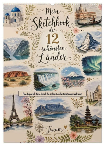 Mein Sketchbook der 12 schönsten Länder (Wandkalender 2027 DIN A2 hoch), CALVENDO Monatskalender