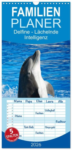 Familienplaner 2026 - Delfine - Lächelnde Intelligenz mit 5 Spalten (Wandkalender, 21 x 45 cm) CALVENDO