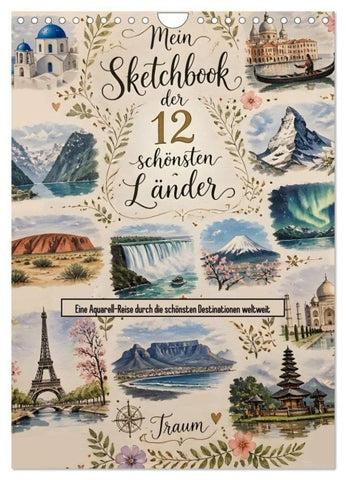 Mein Sketchbook der 12 schönsten Länder (Wandkalender 2027 DIN A4 hoch), CALVENDO Monatskalender