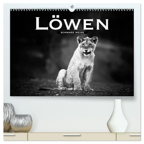 Löwen schwarz weiß (hochwertiger Premium Wandkalender 2027 DIN A2 quer), Kunstdruck in Hochglanz