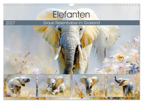 Elefanten. Graue Riesenbabys im Grasland (Wandkalender 2027 DIN A3 quer), CALVENDO Monatskalender