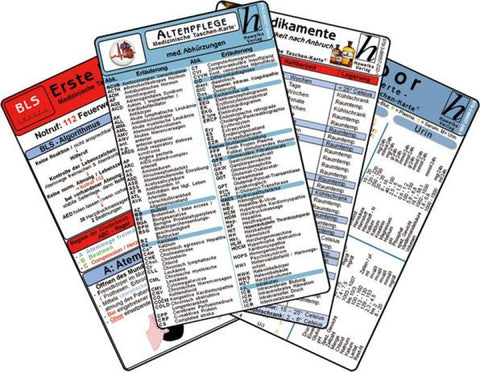 Altenpflege Karten-Set 2025 - Labor Normwerte, med. Abkürzungen, Medikamente - Haltbarkeit nach Anbruch, Erste Hilfe, Naturheilmedizin in der Pflege