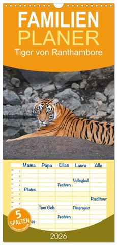 Familienplaner 2026 - Tiger von Ranthambore mit 5 Spalten (Wandkalender, 21 x 45 cm) CALVENDO