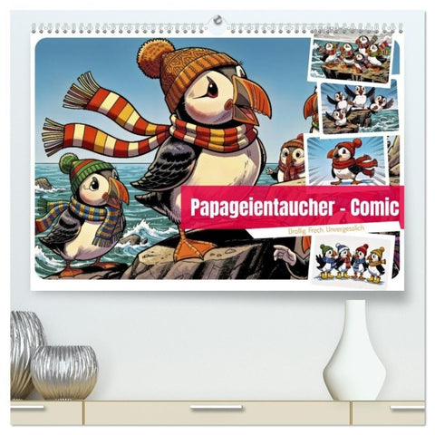 Papageientaucher - Comic (hochwertiger Premium Wandkalender 2027 DIN A2 quer), Kunstdruck in Hochglanz