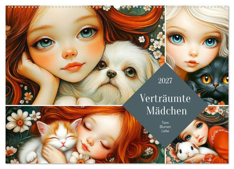 Verträumte Mädchen. Tiere, Blumen, Liebe. (Wandkalender 2027 DIN A2 quer), CALVENDO Monatskalender