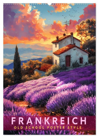 Frankreich - Old School Poster Style (Wandkalender 2027 DIN A2 hoch), CALVENDO Monatskalender