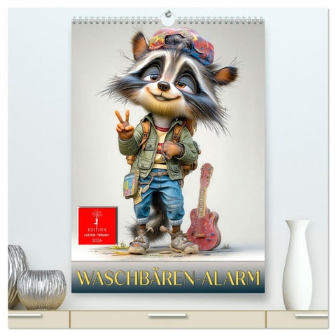 Waschbären Alarm (hochwertiger Premium Wandkalender 2026 DIN A2 hoch), Kunstdruck in Hochglanz