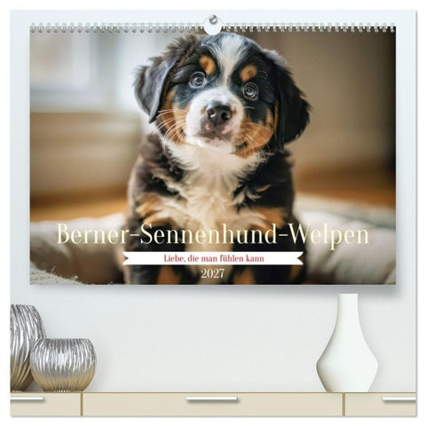 Berner-Sennenhund-Welpen (hochwertiger Premium Wandkalender 2027 DIN A2 quer), Kunstdruck in Hochglanz