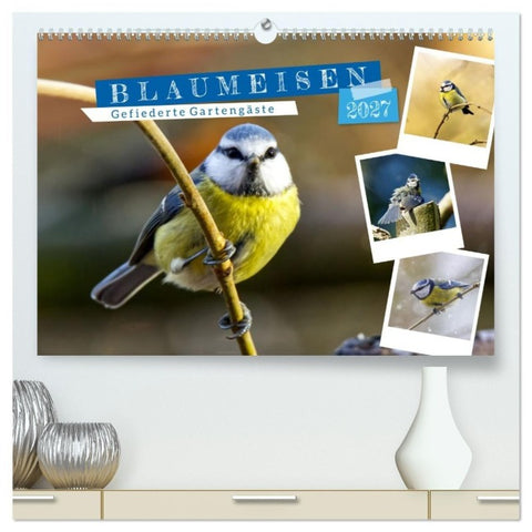 Gefiederte Gartengäste, Blaumeisen (hochwertiger Premium Wandkalender 2027 DIN A2 quer), Kunstdruck in Hochglanz