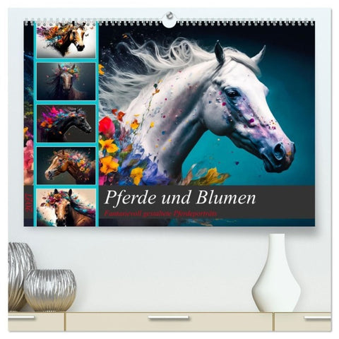 Pferde und Blumen (hochwertiger Premium Wandkalender 2027 DIN A2 quer), Kunstdruck in Hochglanz