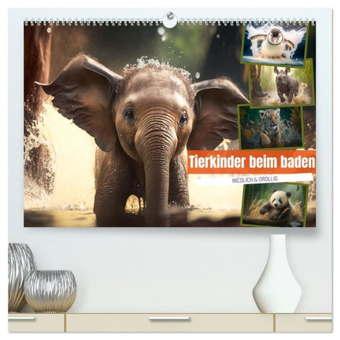 Tierkinder beim baden (hochwertiger Premium Wandkalender 2027 DIN A2 quer), Kunstdruck in Hochglanz