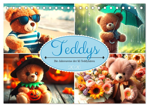Teddys - Die Jahresreise der KI-Teddybären (Tischkalender 2026 DIN A5 quer), CALVENDO Monatskalender