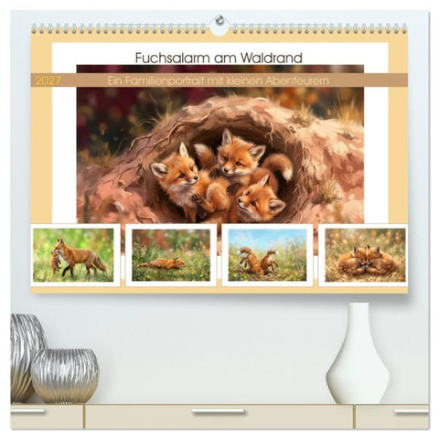 Fuchsalarm am Waldrand (hochwertiger Premium Wandkalender 2027 DIN A2 quer), Kunstdruck in Hochglanz
