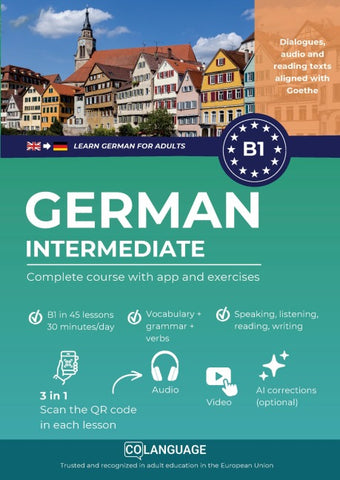 Learn German B1 intermediate. Complete course with app and exercises