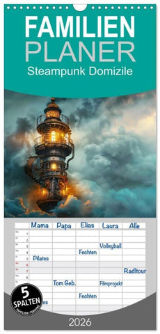 Familienplaner 2026 - Steampunk Domizile mit 5 Spalten (Wandkalender, 21 x 45 cm) CALVENDO