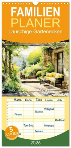 Familienplaner 2026 - Lauschige Gartenecken mit 5 Spalten (Wandkalender, 21 x 45 cm) CALVENDO