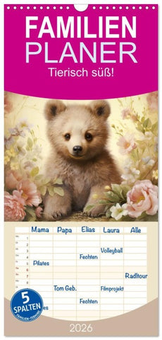 Familienplaner 2026 - Tierisch süß! mit 5 Spalten (Wandkalender, 21 x 45 cm) CALVENDO